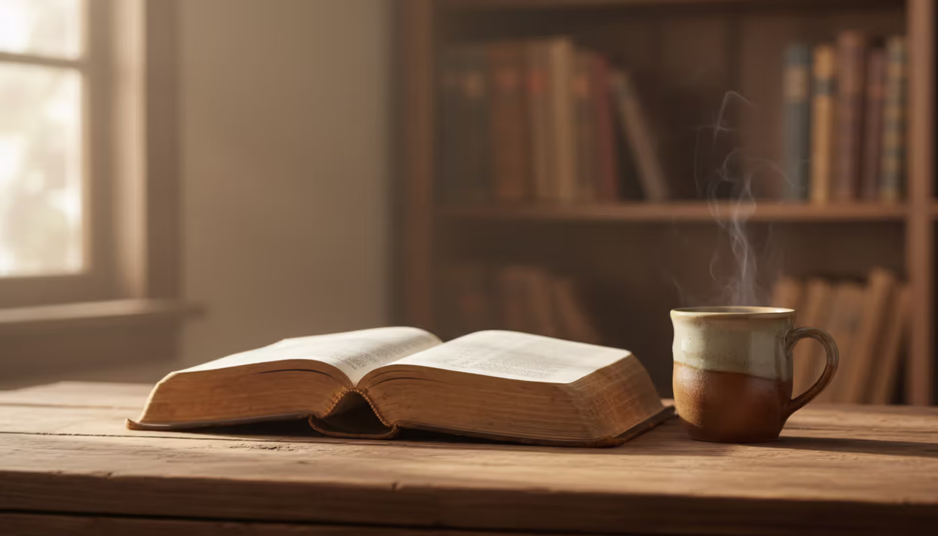 Open vintage Bible on a wooden table illuminated by soft morning sunlight from a window with a ceramic cup of hot drink nearby