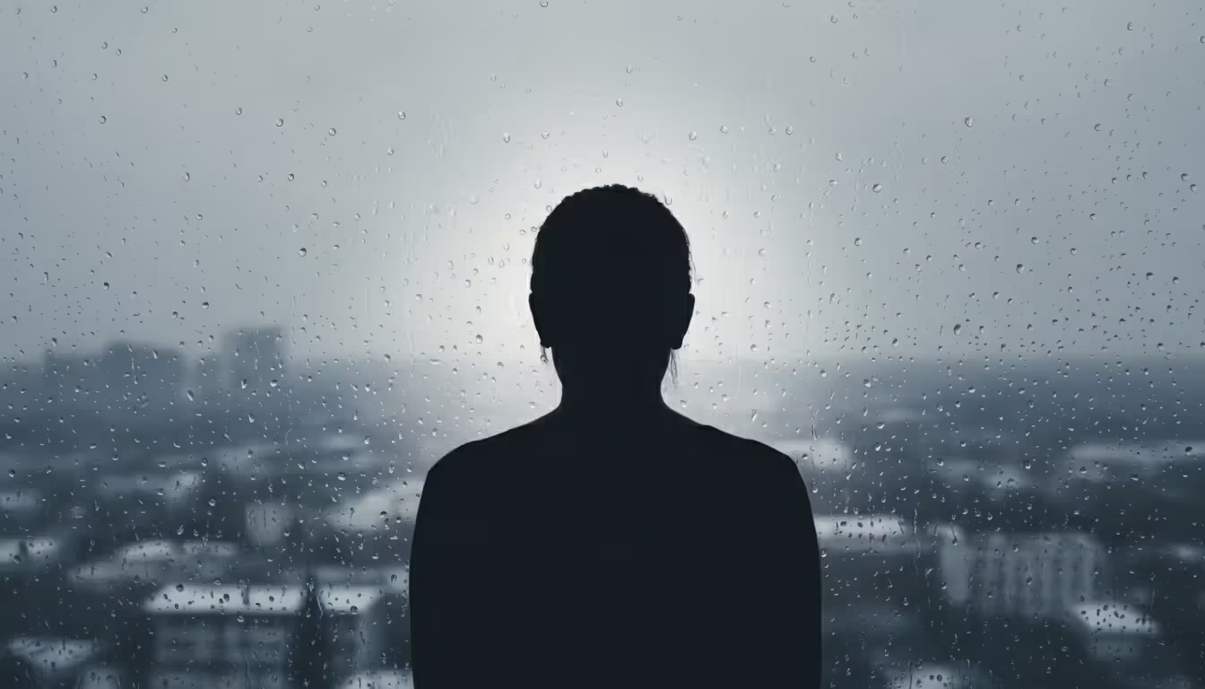A silhouette of a person standing by a rain-streaked window looking out at a blurry landscape, conveying emotional exhaustion and contemplation