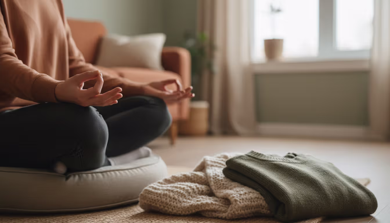 A close-up of a person's hands resting gently on their knees in a relaxed meditation position with soft natural lighting and a warm blurred background