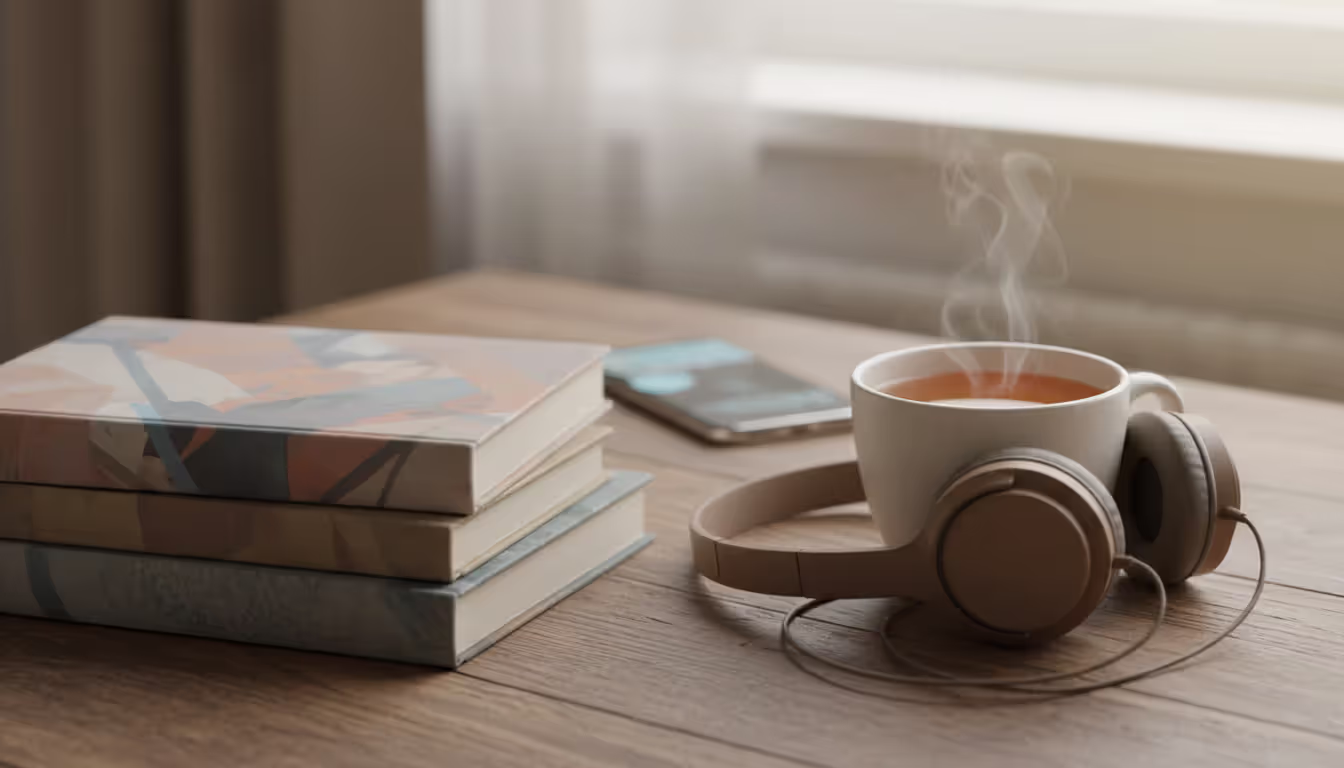 A stack of books on a wooden table next to a cup of tea, headphones, and a smartphone with a blurred screen, creating a cozy self-care atmosphere with warm lighting
