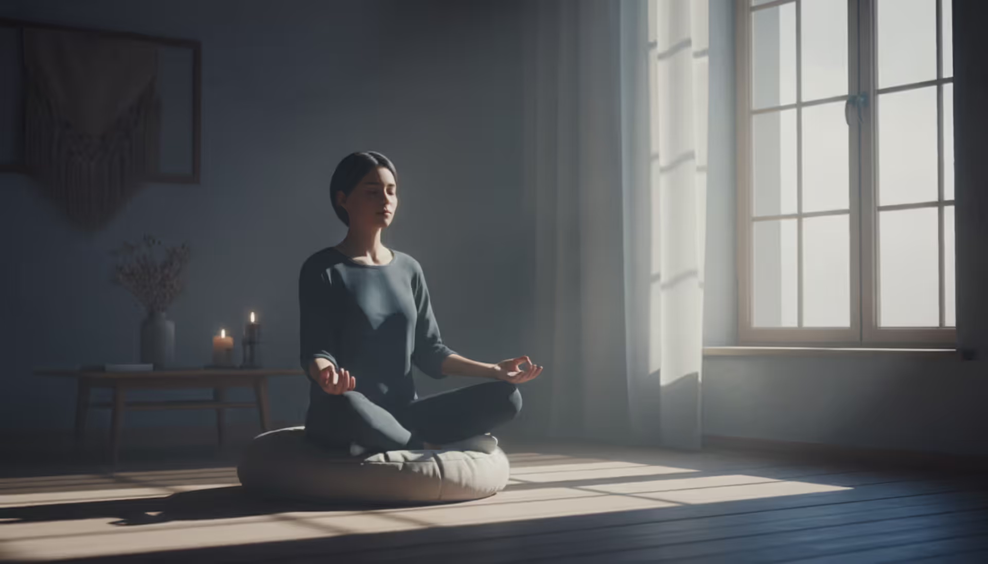 A person sitting in a meditation pose on a cushion in a softly lit quiet room with gentle morning light coming through a large window, creating a calm and contemplative atmosphere