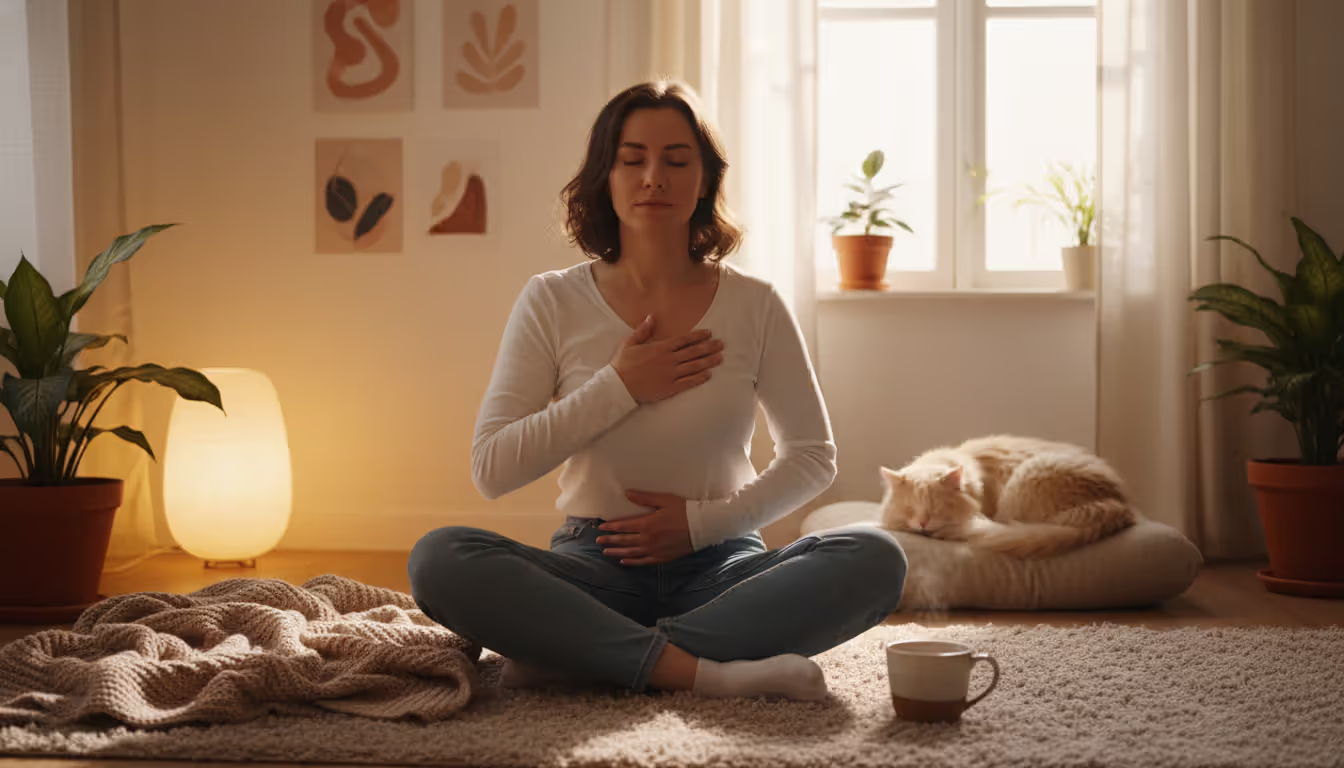 Person sitting on the floor in a cozy room with one hand on chest and another on stomach, eyes half-closed, soft warm lighting, a blanket and tea cup nearby, conveying gentle self-investigation