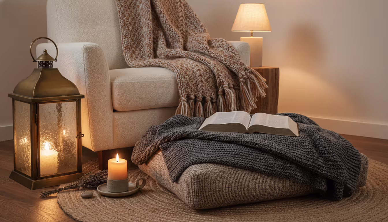 A cozy meditation corner with a cushion on the floor, a lit candle, a wool blanket, and an open Bible in warm soft lighting