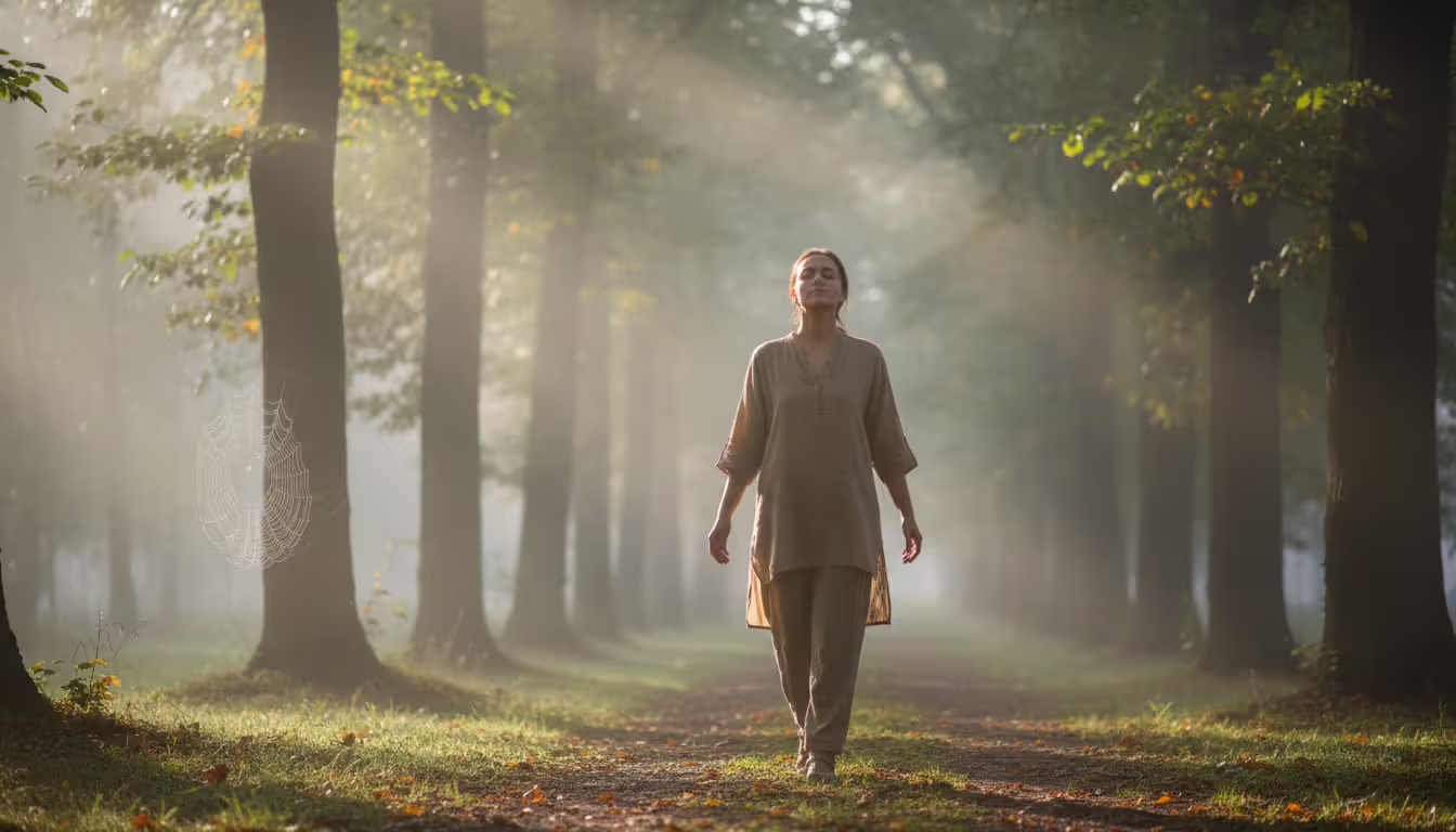 A person walking peacefully along a quiet forest path in soft morning light with a serene expression suggesting walking prayer