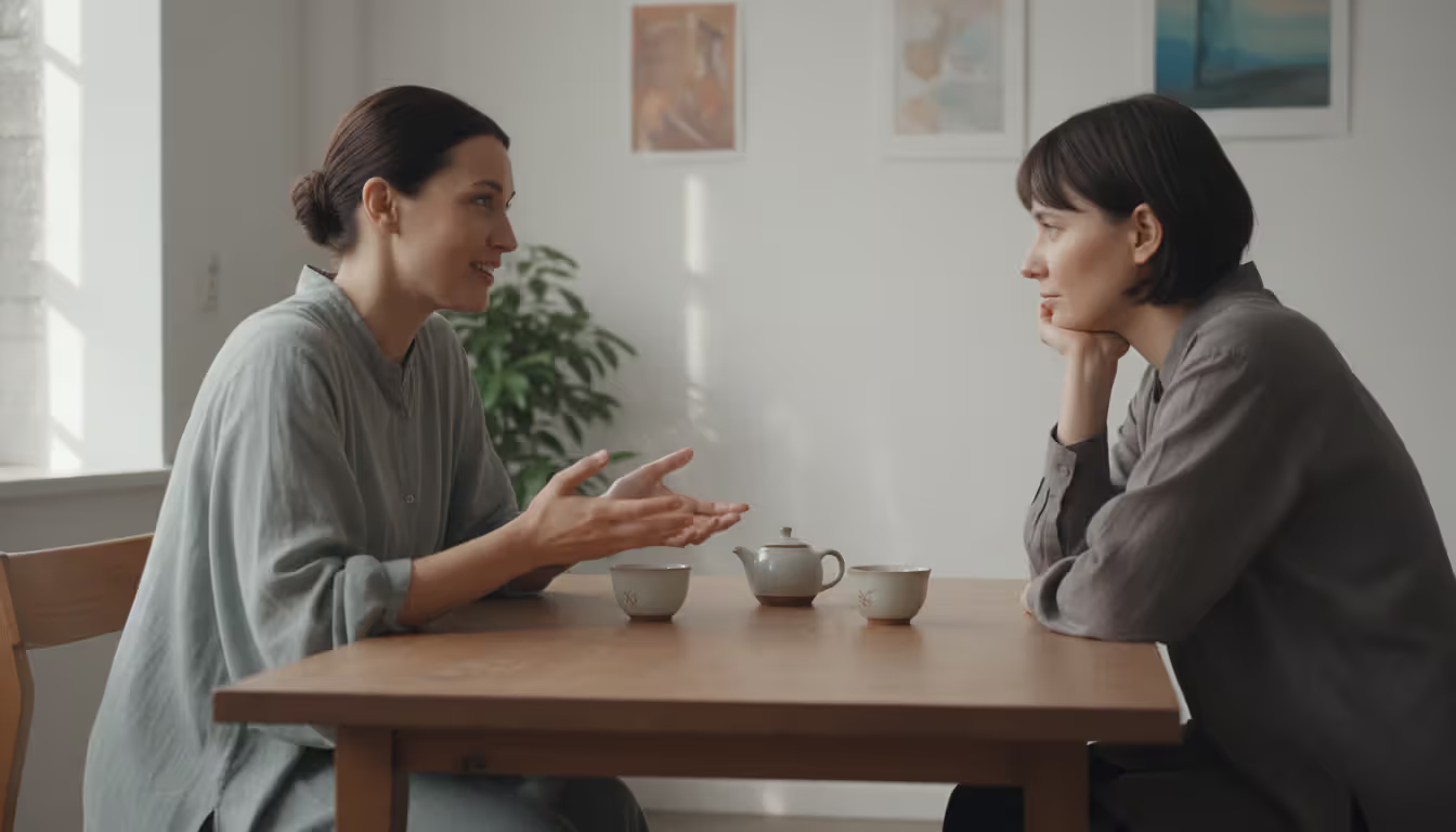 Two people sitting at a table having a calm attentive conversation with tea cups, conveying deep listening and relational connection