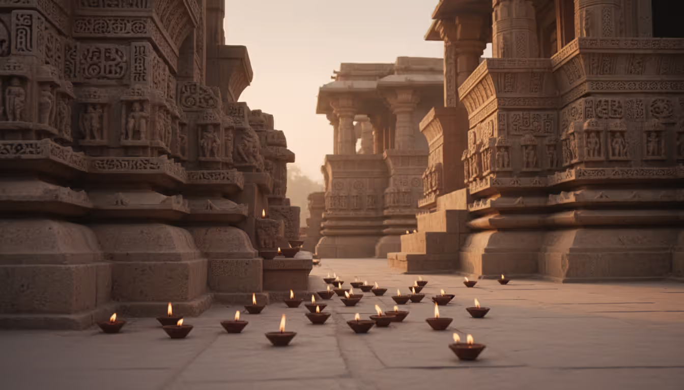 Ancient Indian stone temple with carved ornamental walls and lit oil lamps in warm evening sunlight