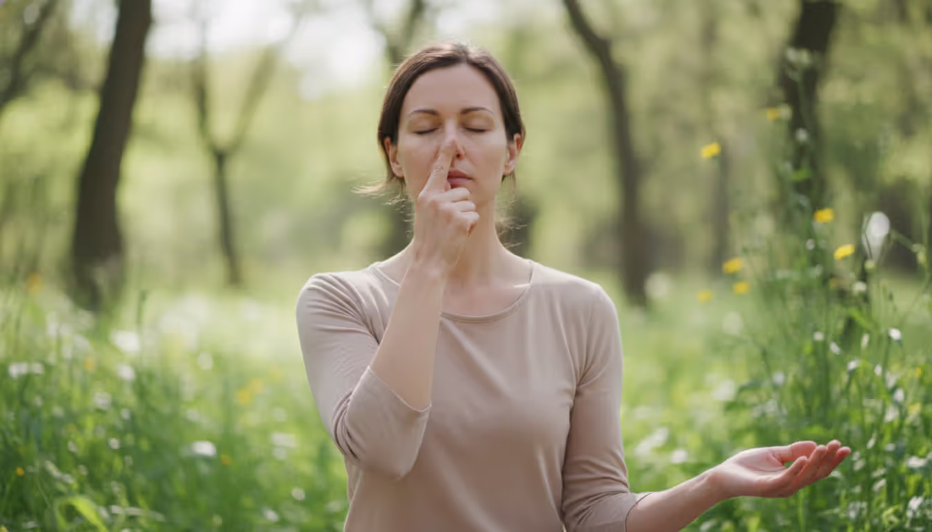Person practicing alternate nostril breathing technique with right hand raised to nose and eyes closed against soft natural green background