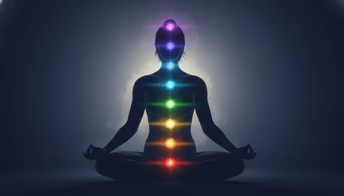 Silhouette of a meditating person with seven glowing colorful chakra points aligned along the spine from red at the base to violet at the crown against dark background