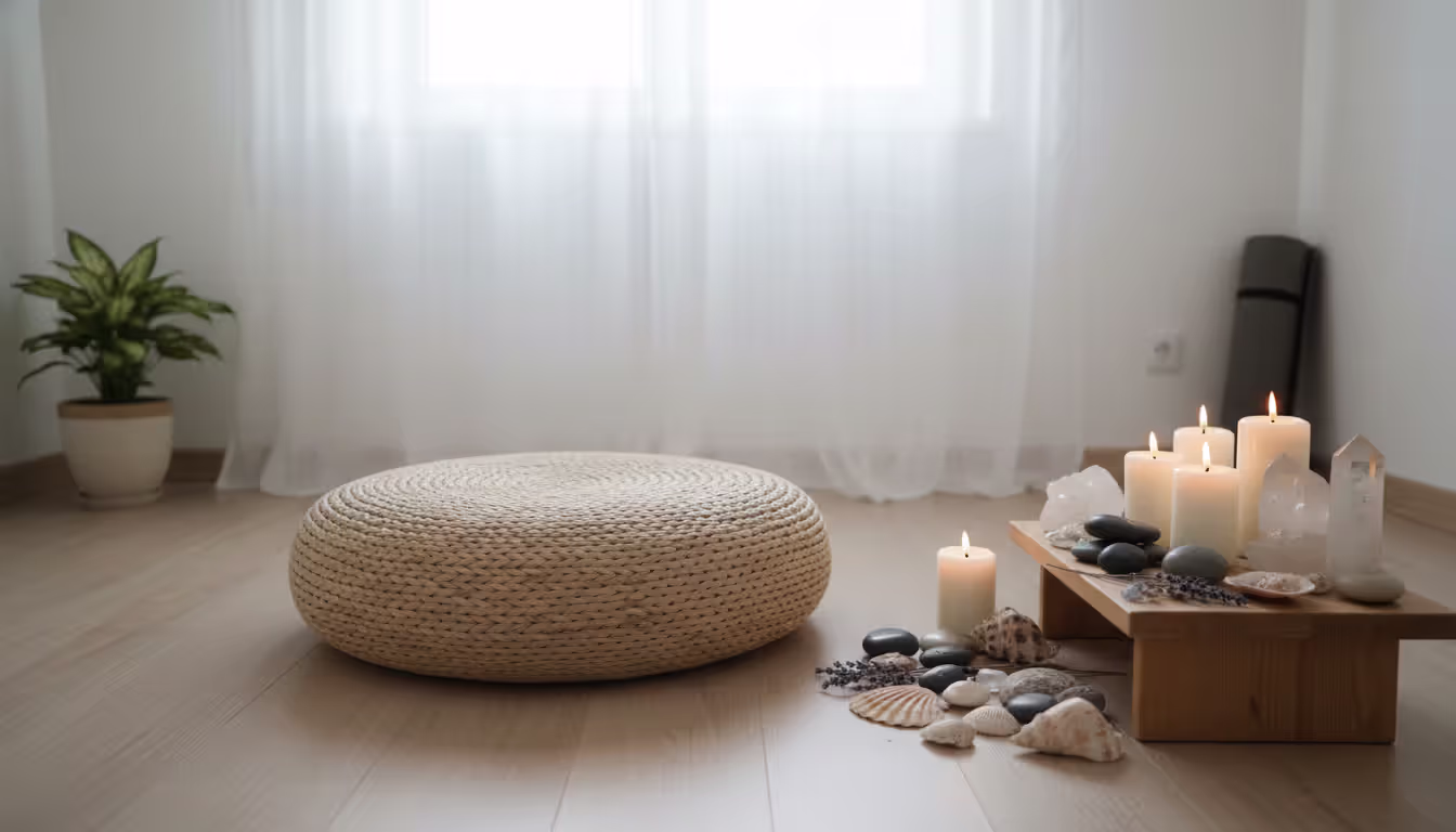 Cozy meditation space with a sitting cushion on wooden floor next to a small altar with candles natural stones and seashells in soft diffused light