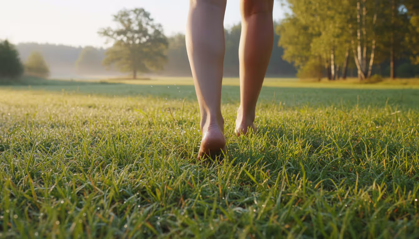 Bare feet walking on dewy green grass in morning sunlight surrounded by trees conveying grounding and nature connection