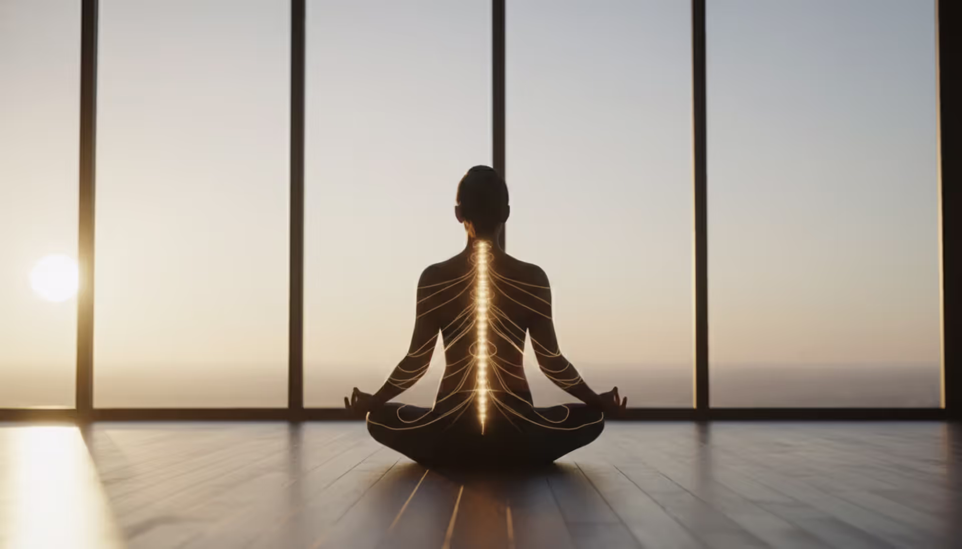 Person sitting in lotus pose during sunrise in a minimalist room with golden light streaming through a large window and subtle glowing energy lines along the spine