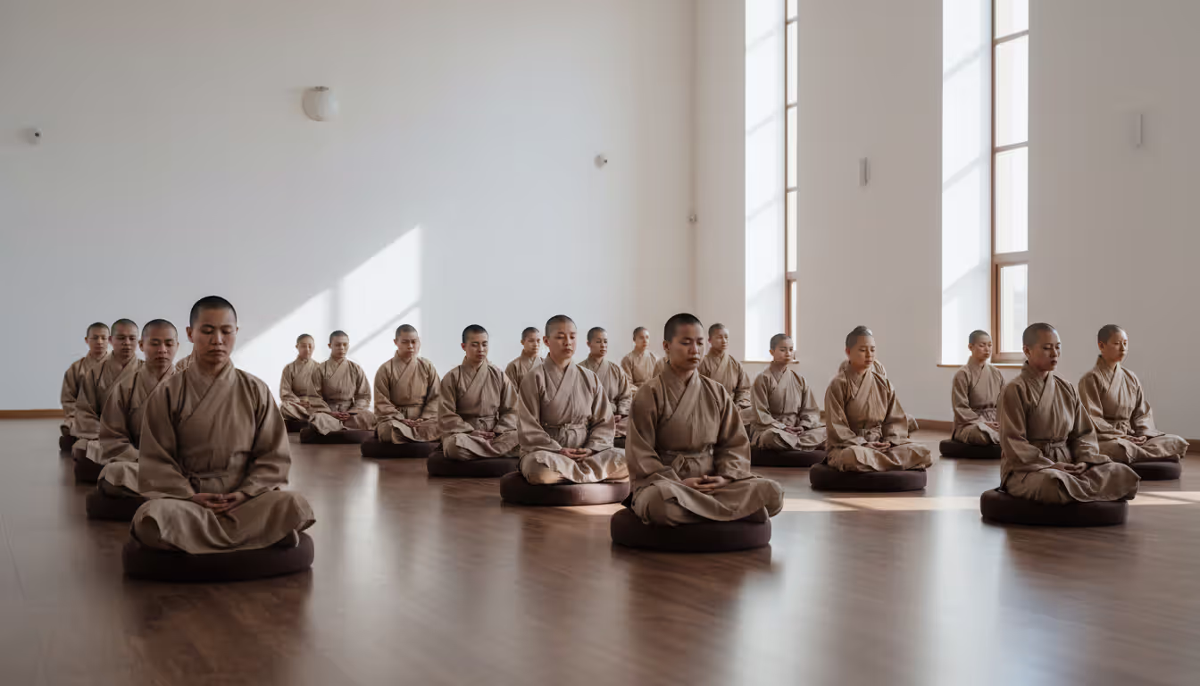 Group of Buddhist practitioners sitting in a row on meditation cushions in a minimalist temple hall with natural light streaming through tall windows