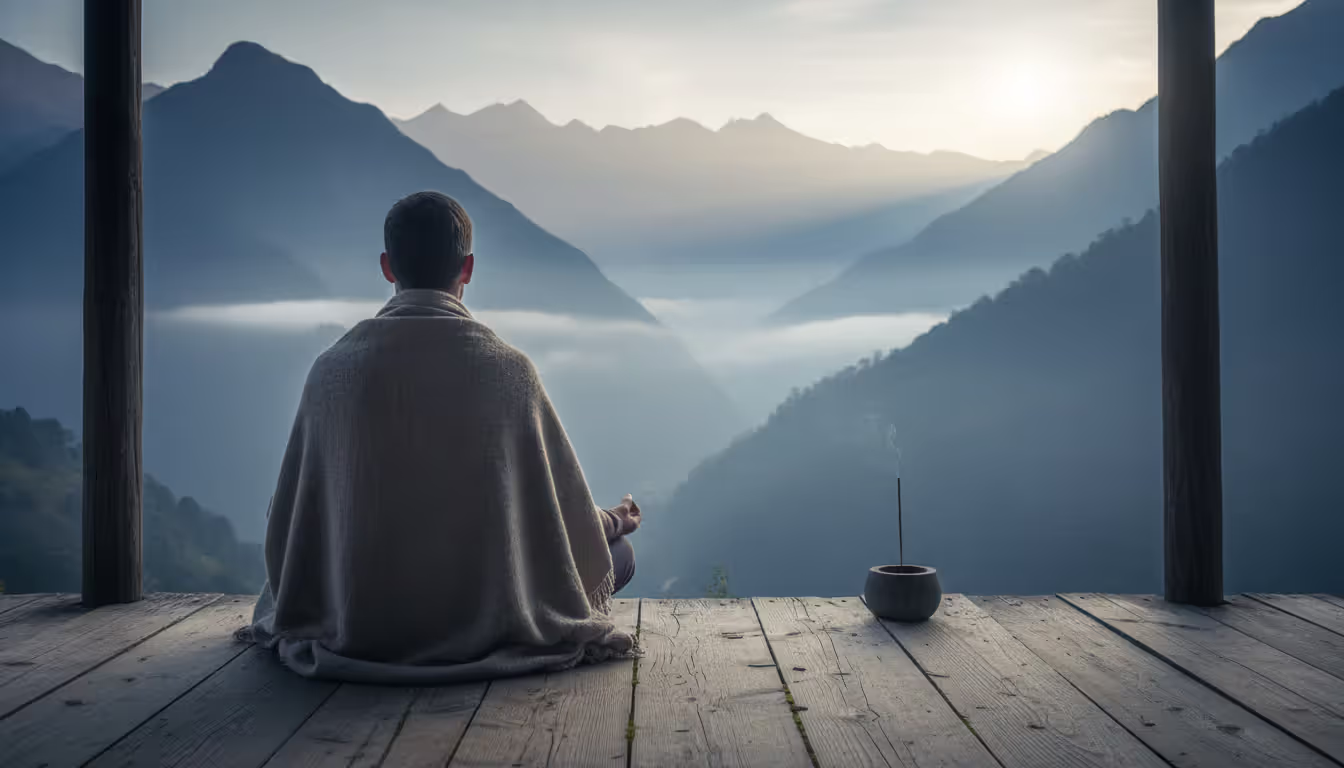 Person meditating on a wooden veranda of a mountain Buddhist monastery overlooking a misty valley at dawn wrapped in a simple blanket