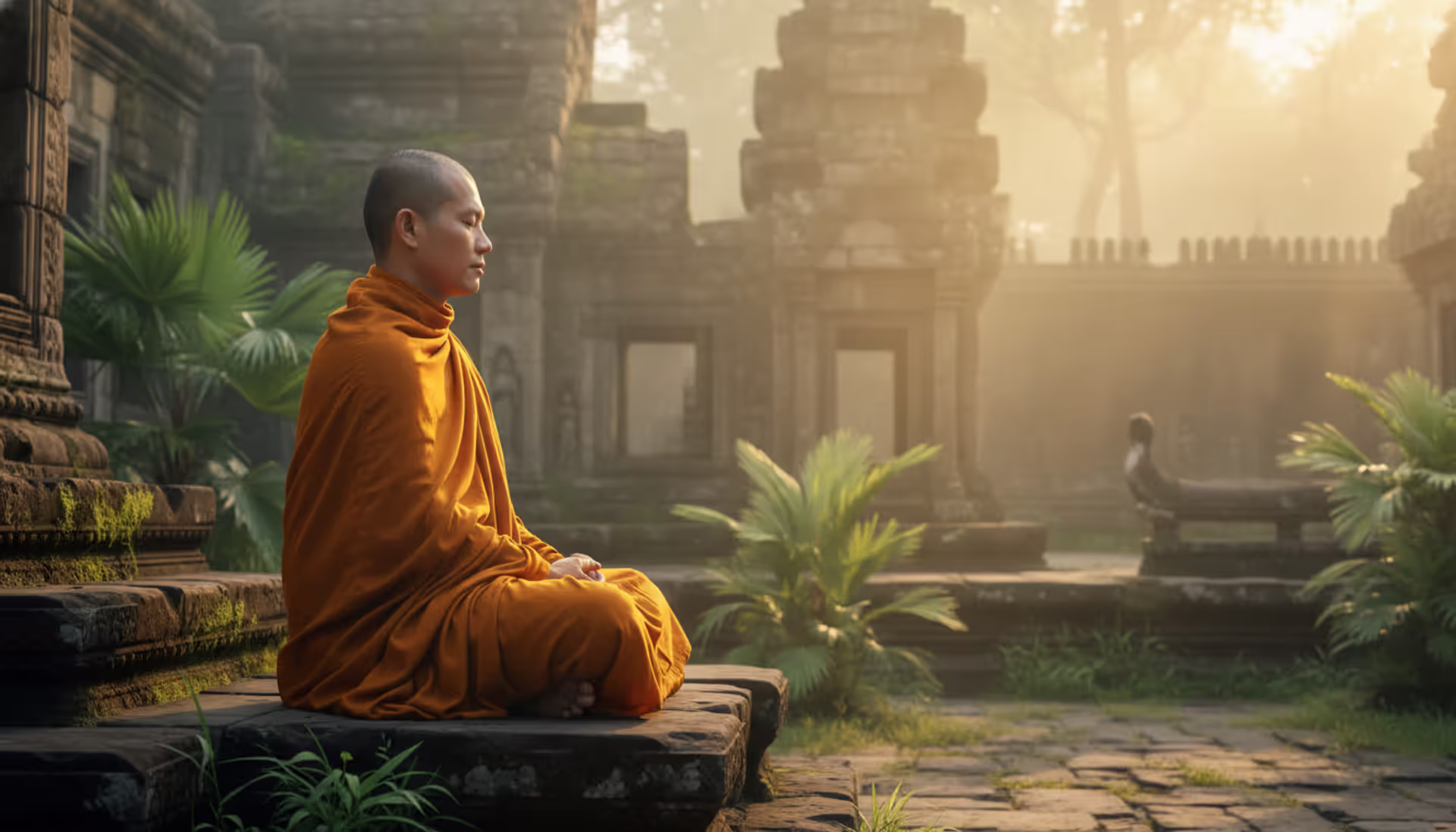 Buddhist monk in saffron robes meditating in lotus position in front of an ancient stone temple at sunrise surrounded by tropical greenery