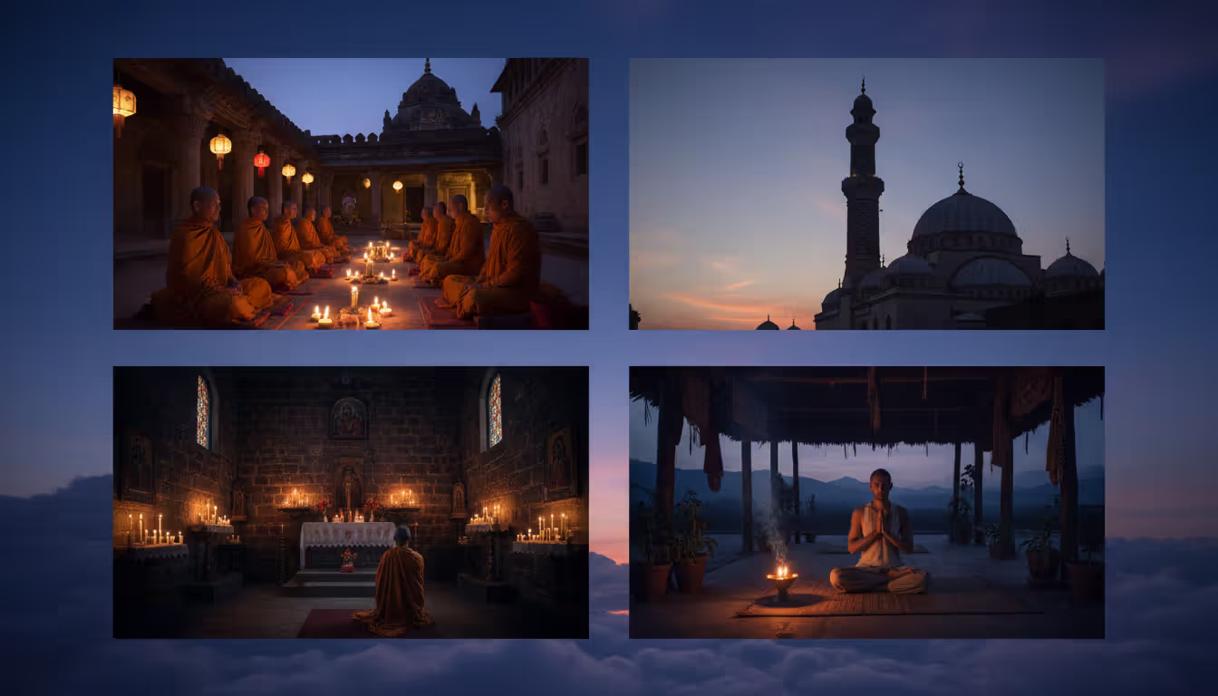 A collage of four spiritual traditions practicing before dawn: Buddhist monks meditating by candlelight, a mosque minaret against predawn sky, a Christian monastery chapel with candles in darkness, and an Indian ashram with a yogi in lotus pose by an oil lamp