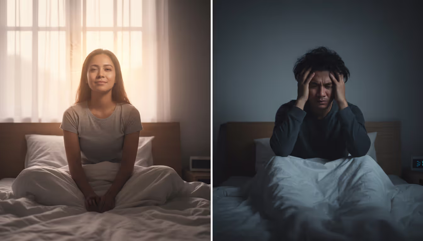 A visual contrast showing two states of waking up at night: one person sitting calmly in bed with peaceful expression and soft glow around them, and another person in bed looking anxious and distressed holding their head