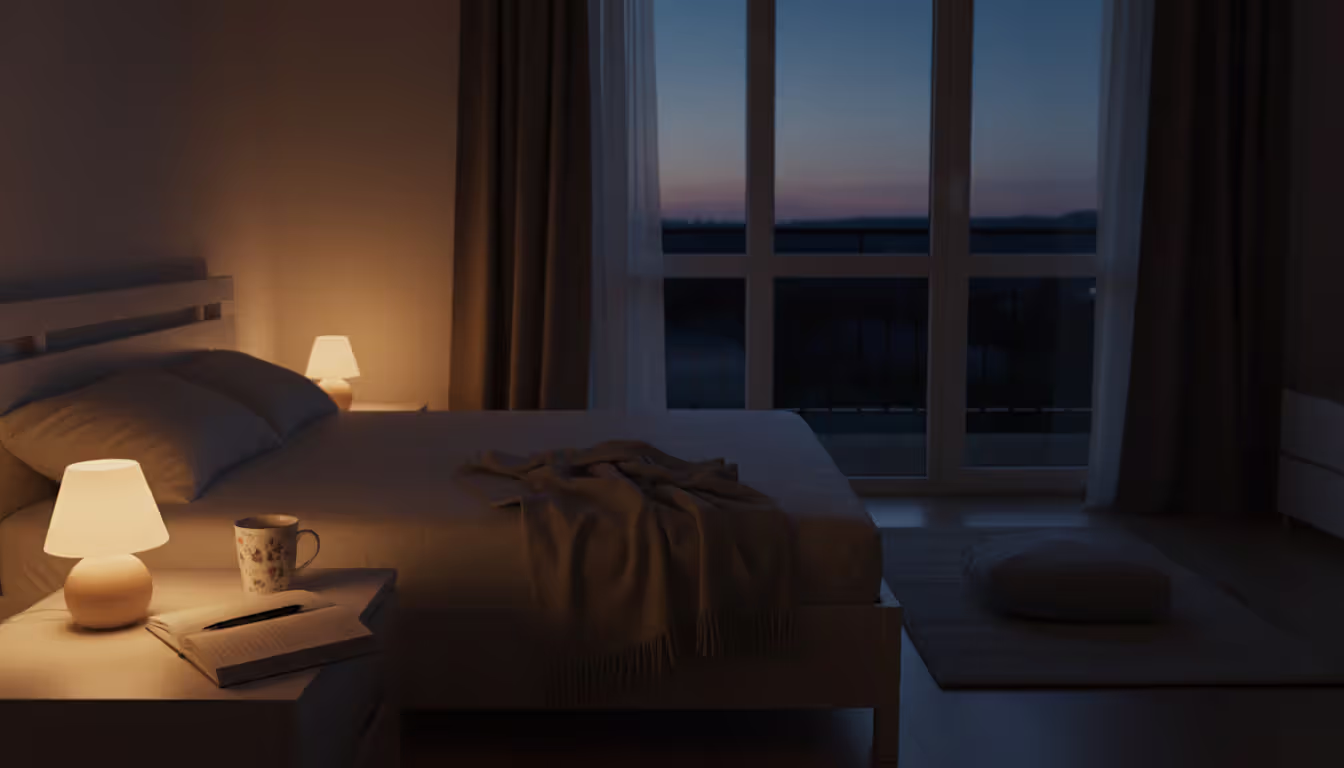A cozy predawn bedroom scene with a dim bedside lamp, an open journal with a pen on the nightstand, a cup of herbal tea, a meditation cushion on the floor near the window, and a dark sky with the first hint of dawn visible through the window