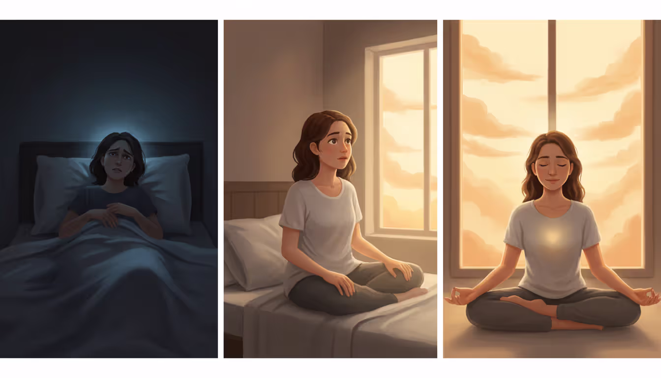 A three-stage horizontal sequence showing spiritual awakening evolution: a restless person lying in a dark bed on the left, the same person sitting up with curiosity in dim light in the center, and the person meditating peacefully by a window with a predawn sky on the right