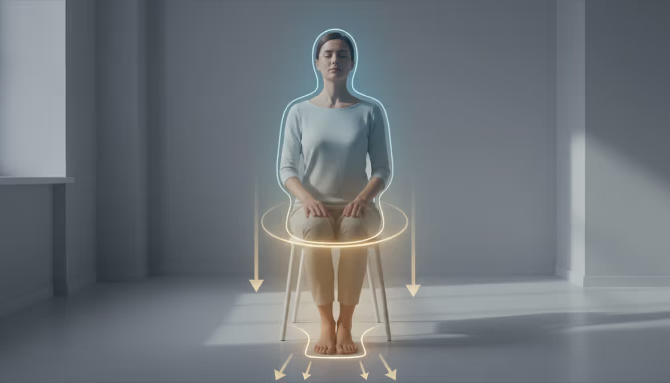 Person sitting upright on a chair with eyes closed performing a body scan meditation with a soft glowing gradient moving from head to feet
