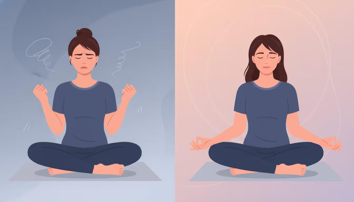 Split comparison image showing tense forced meditation posture on the left versus relaxed natural meditation posture on the right