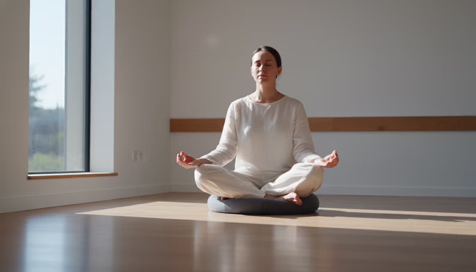 Person sitting cross-legged on meditation cushion in a bright minimalist room with soft morning light coming through a large window