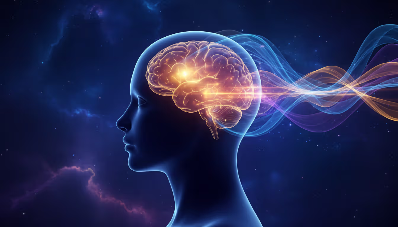 Stylized illustration of a human brain profile with highlighted prefrontal cortex and insula regions glowing softly during meditation