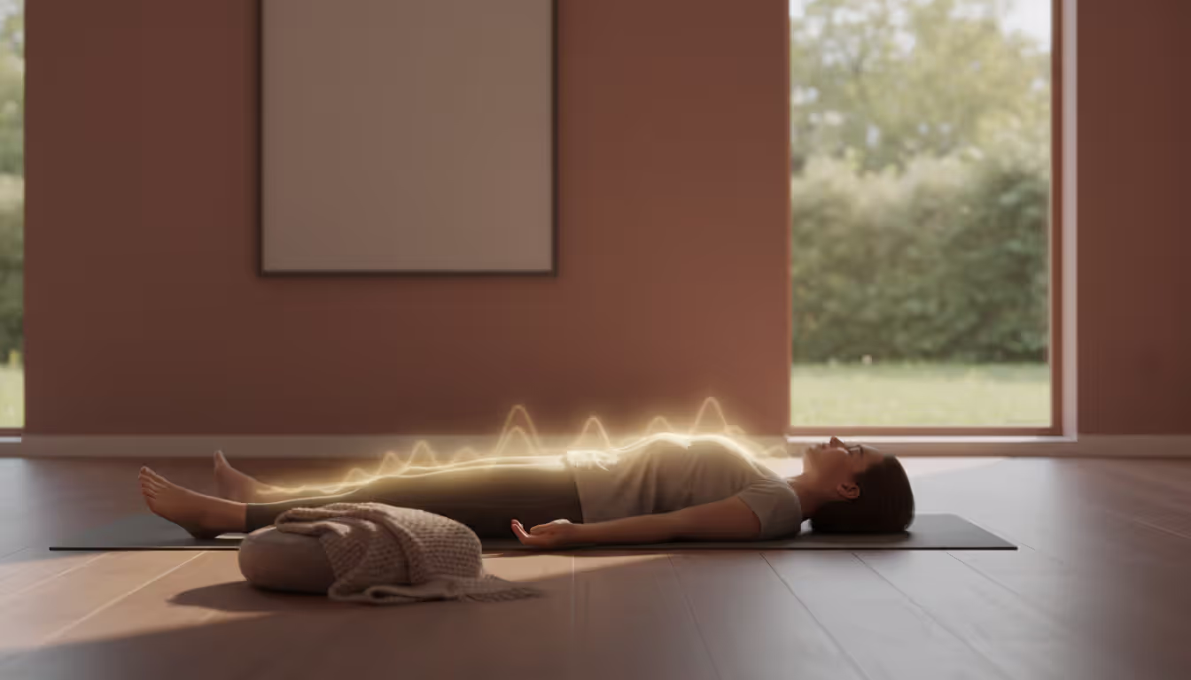 Person lying on a yoga mat with eyes closed performing a body scan meditation with a soft warm glow around the body