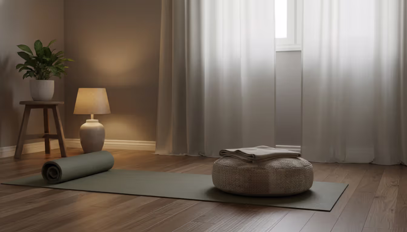Cozy meditation space with yoga mat folded blanket and cushion in a dimly lit room with soft natural light through curtains