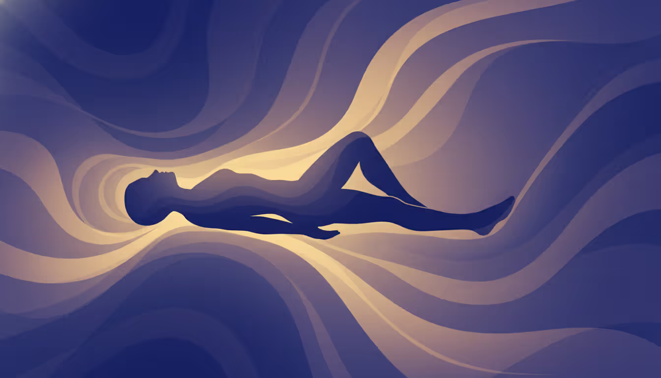 Stylized silhouette of a person lying down with soft glowing waves radiating along the body representing mindful body scanning
