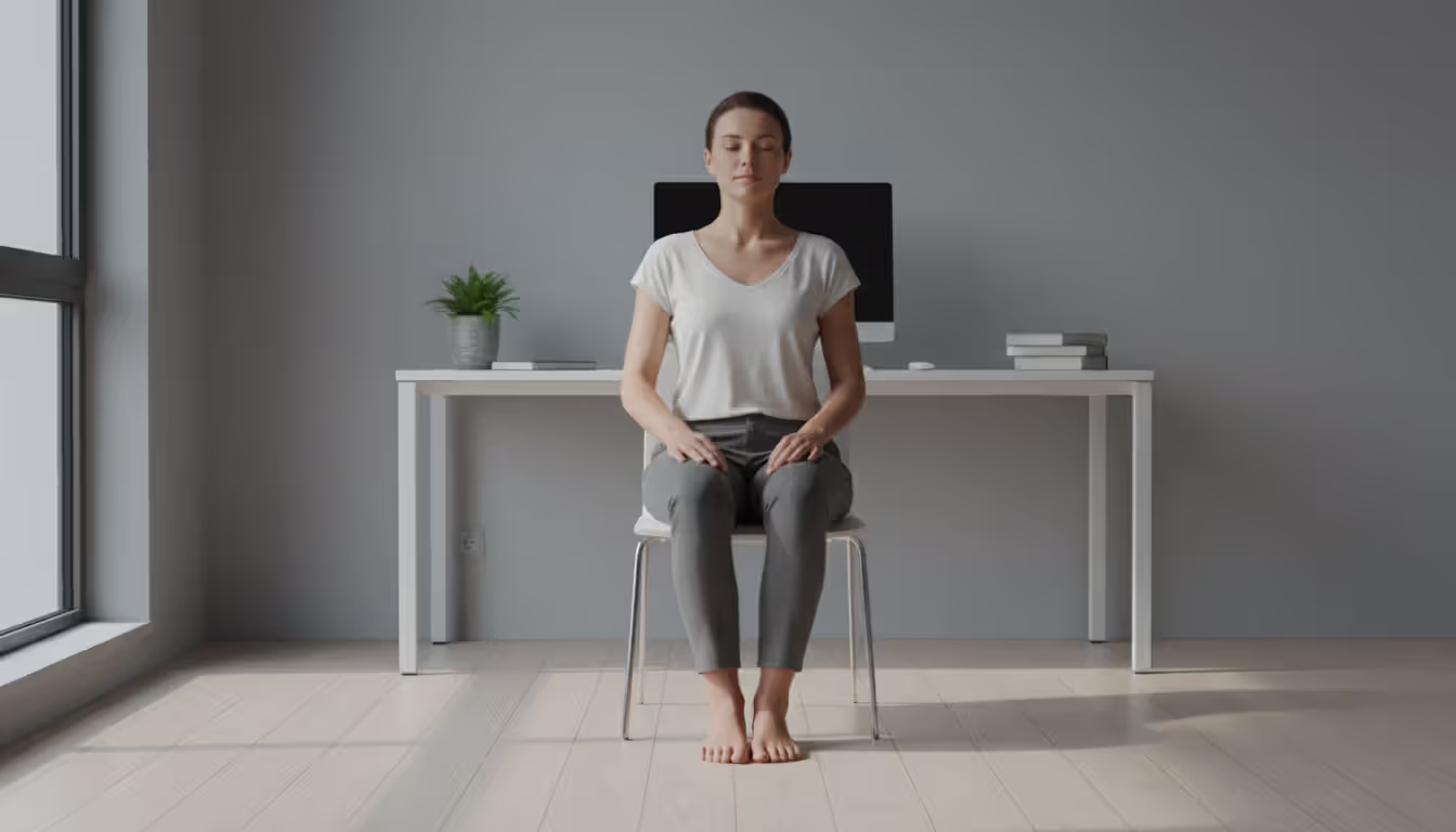 Person sitting upright in a chair with eyes closed and hands resting on thighs practicing seated body scan meditation in a calm office setting