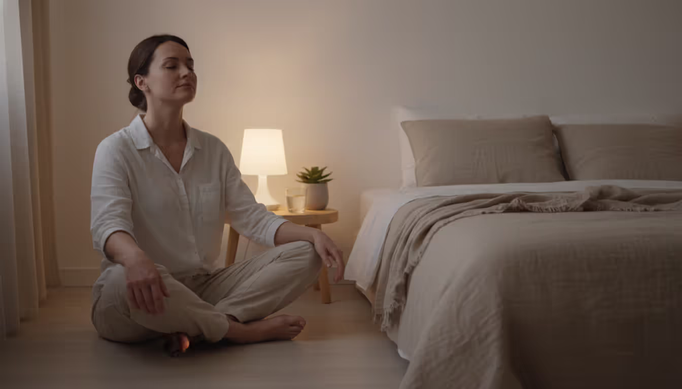 Person sitting on the edge of a bed with eyes closed and hands resting on knees in a calm bedroom with warm lamp light preparing for breathing meditation