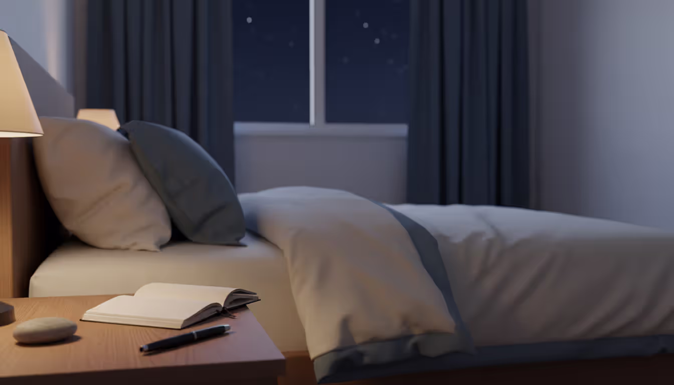 Cozy evening bedroom with a notebook pen and small stone on the nightstand curtains drawn over a dark night sky creating a calming bedtime ritual atmosphere