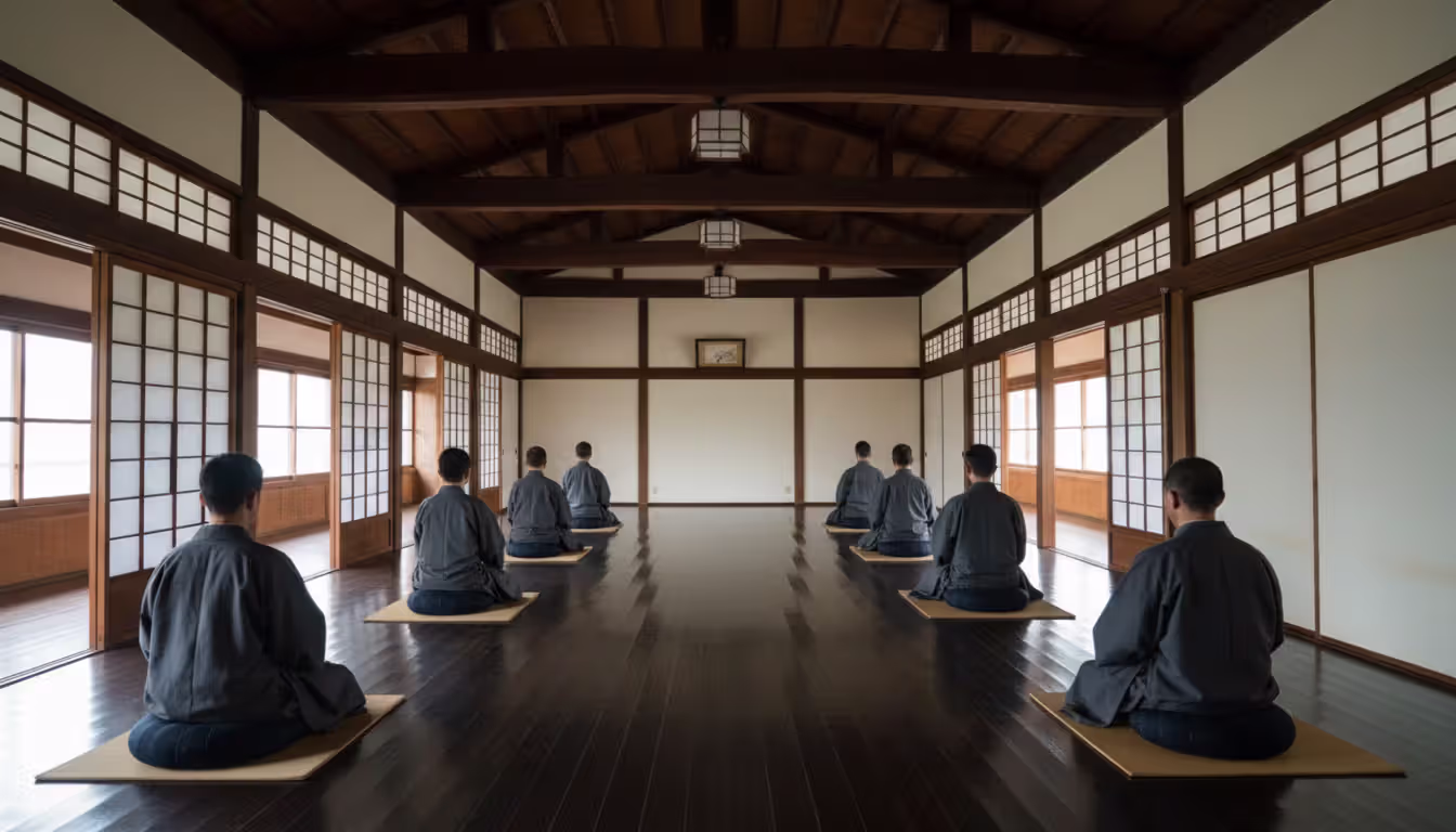 Interior of a traditional Japanese Zen monastery meditation hall with practitioners sitting in zazen facing walls on cushions in dim natural light