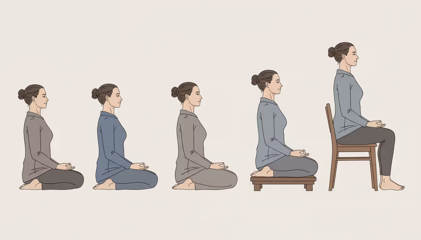 Five people demonstrating different zazen sitting positions side by side: full lotus, half lotus, Burmese, seiza on bench, and chair sitting