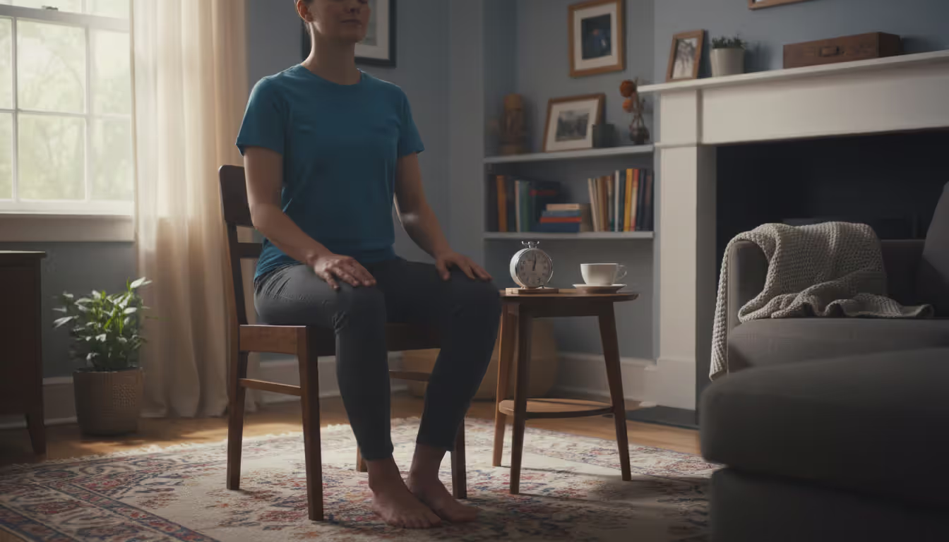 Person meditating on a regular chair in a simple living room with a small timer on a side table showing everyday home meditation practice