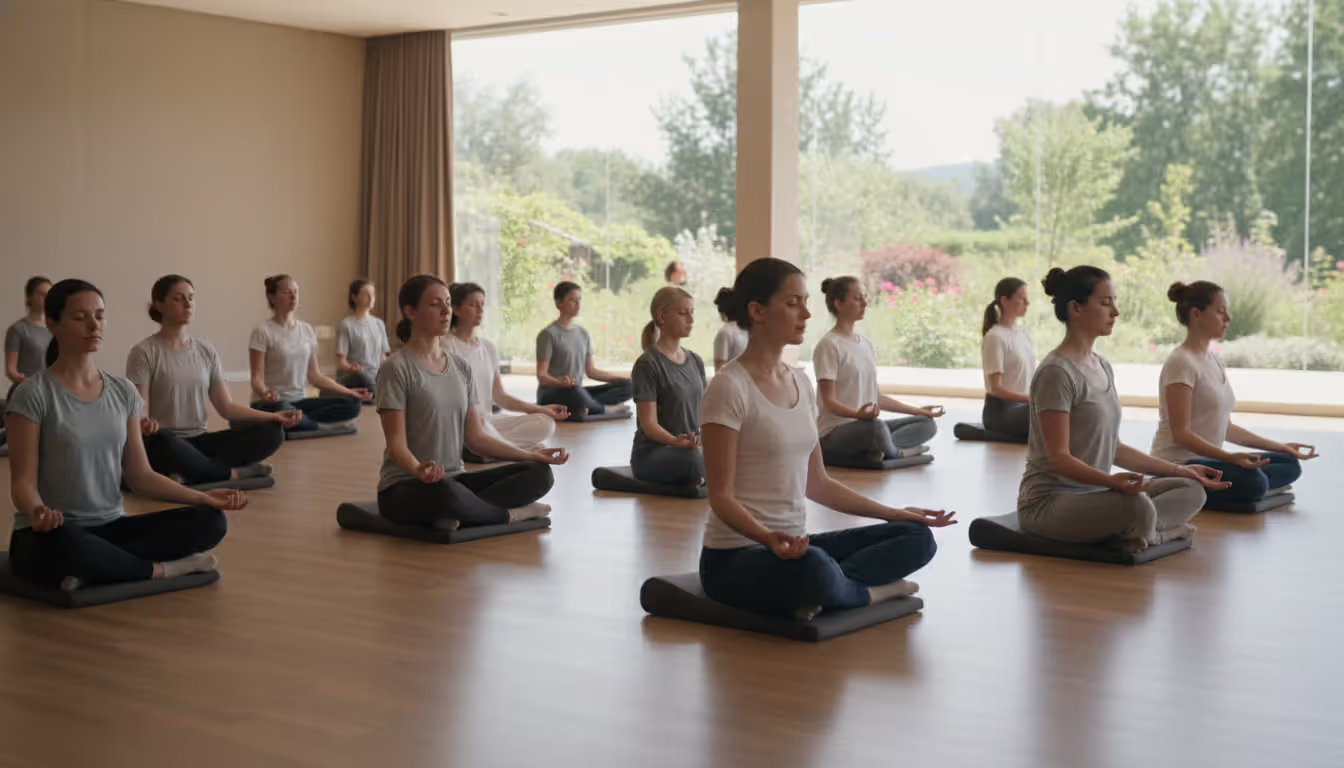 Group of diverse people meditating together in a spacious bright retreat center hall with large windows showing nature outside