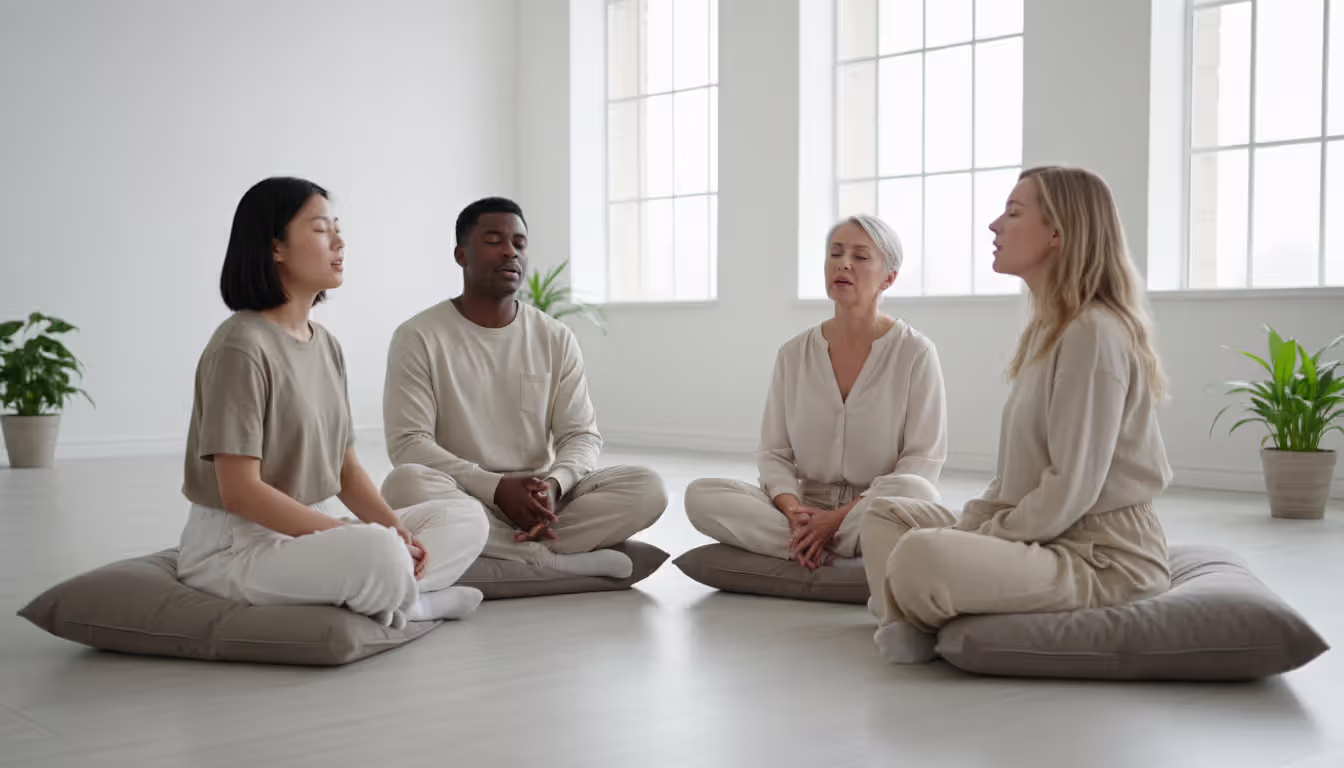 Small diverse group of people sitting in a circle on cushions in a bright minimalist studio chanting together with eyes closed and peaceful expressions, soft natural light from large windows