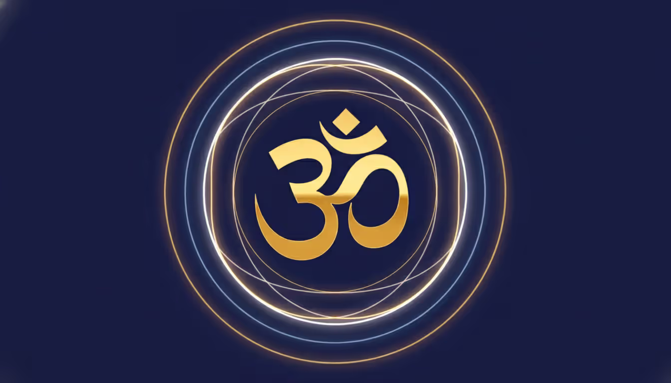Golden Om symbol on a deep blue background surrounded by concentric circles of soft light resembling sound vibrations, elegant graphic style