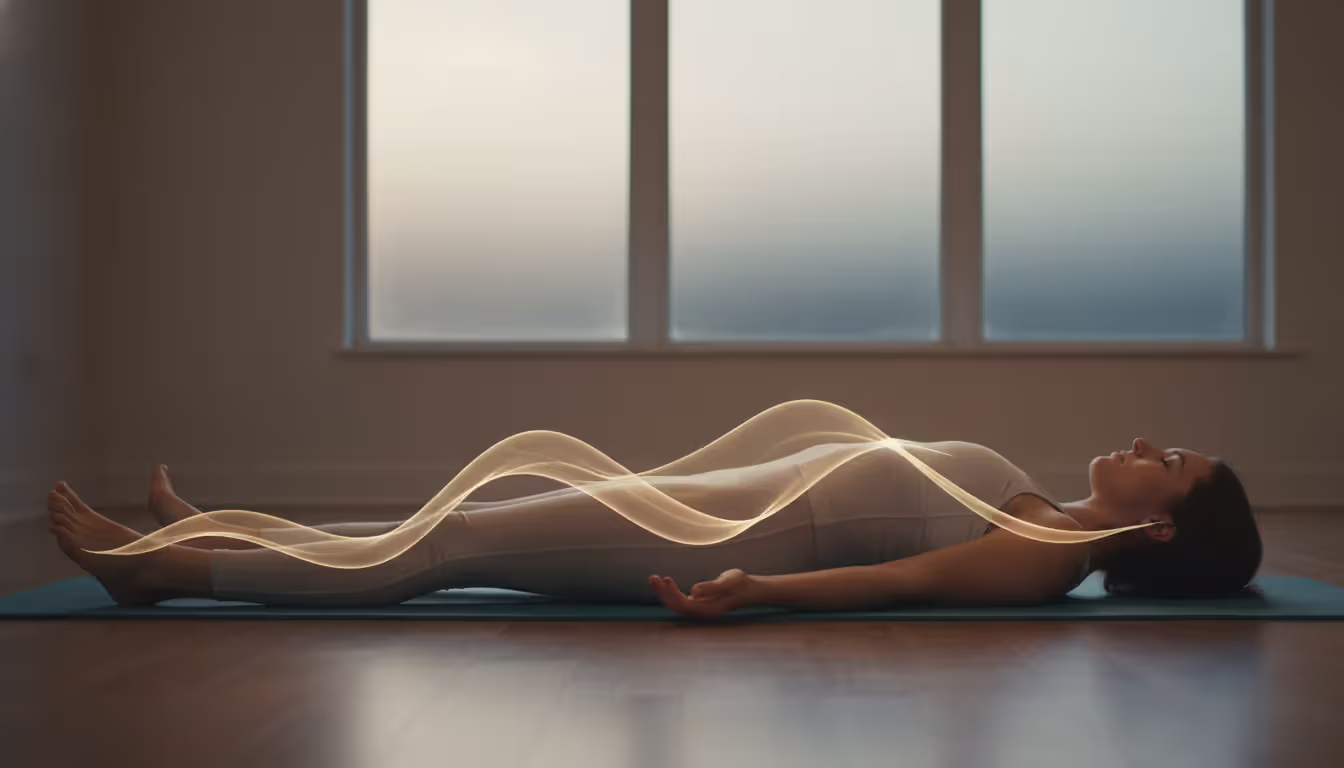 Person lying on a yoga mat with eyes closed palms up and soft golden translucent waves of light moving from feet to head symbolizing body scan meditation