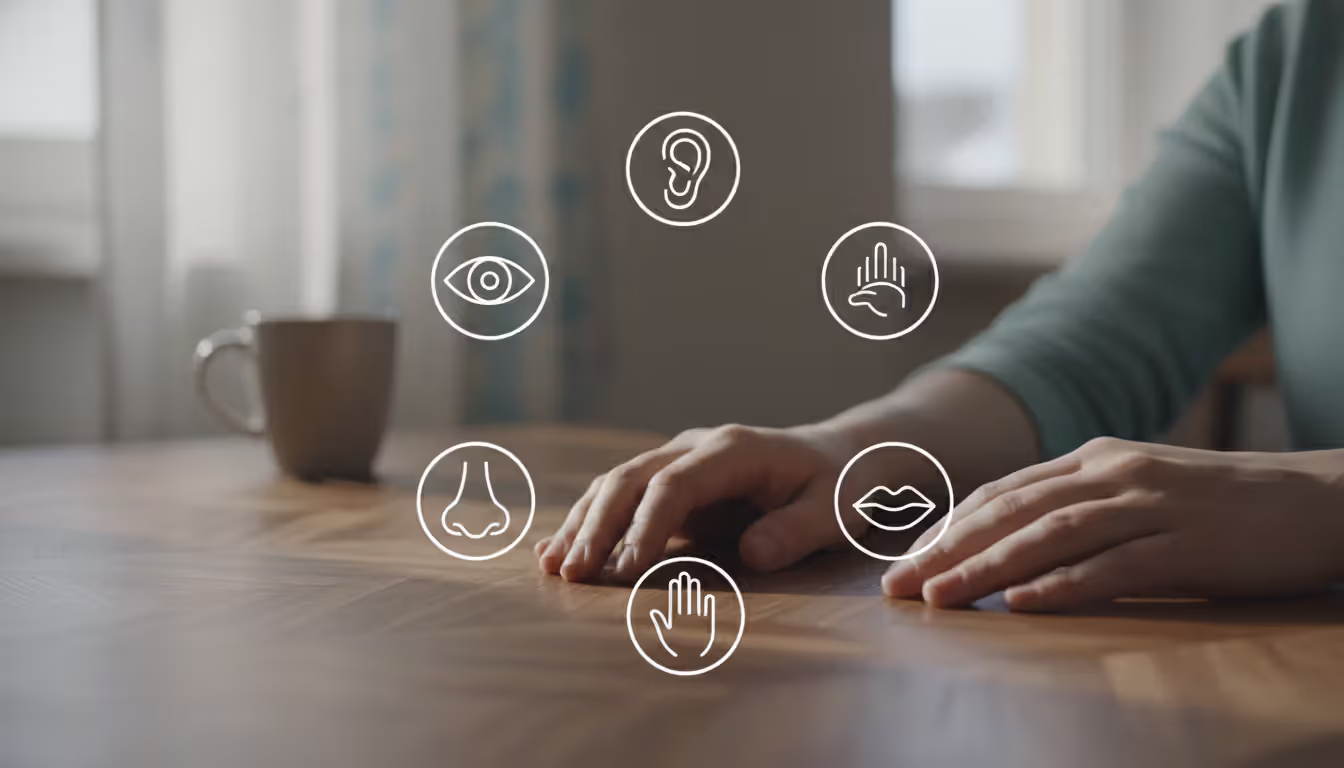 First person view of hands touching a wooden surface with five minimalist icons representing senses arranged in a semicircle and a soft blurred everyday background