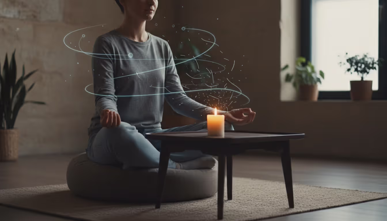 Person sitting on a meditation cushion gazing softly at a single candle flame in a dimly lit room with faint transparent lines around their head representing thoughts gradually fading