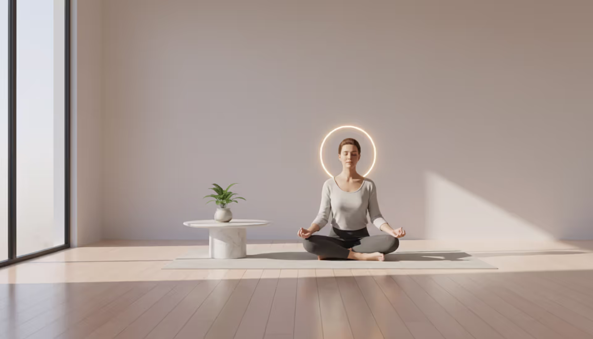 Person sitting cross-legged on the floor meditating in a bright minimalist room with soft morning light and a gentle glow around their head symbolizing calm