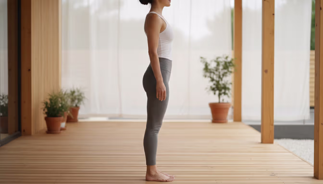 A person standing still with eyes closed at the beginning of a wooden walkway, preparing to start walking meditation, side view
