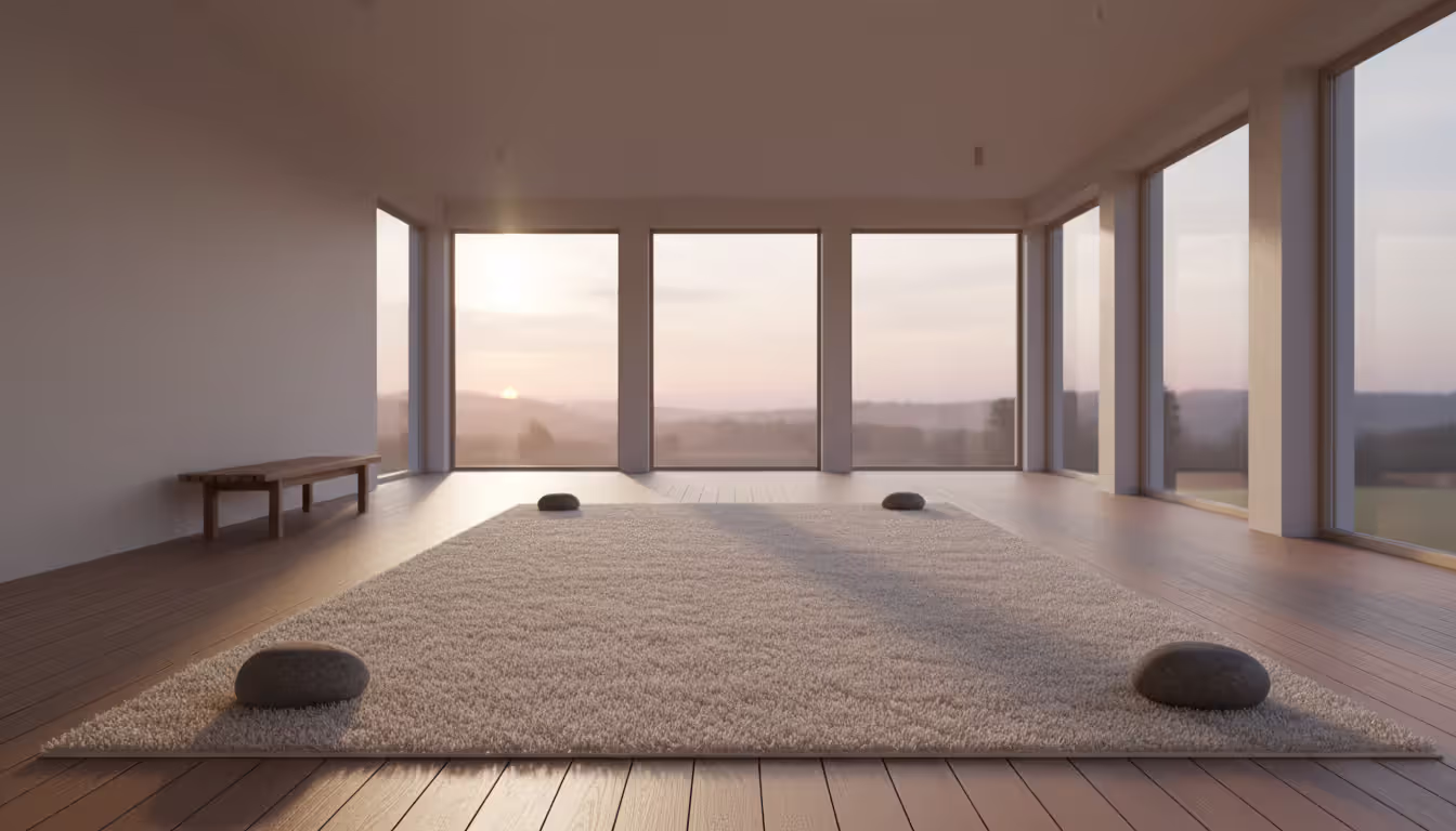 A minimalist room with wooden floor and large windows showing sunrise, with a simple indoor walking meditation path marked by two small stones