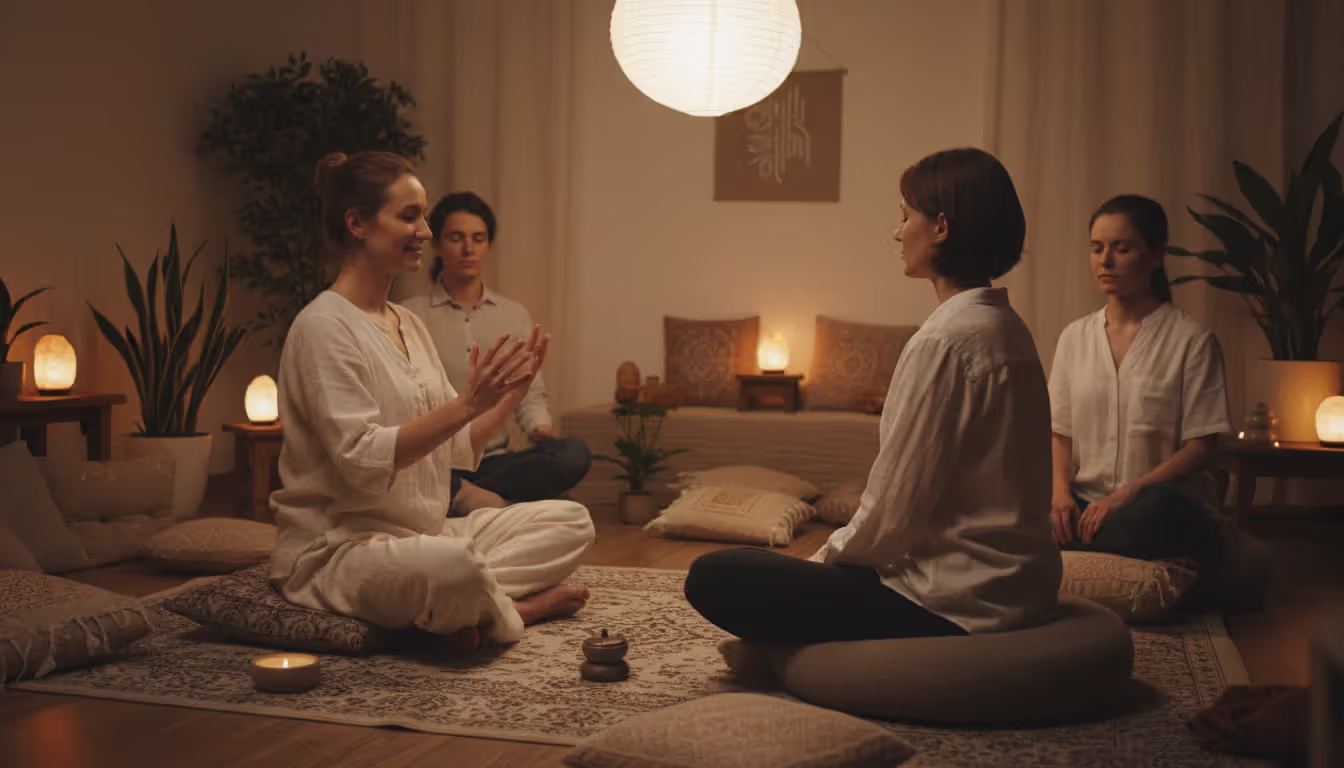 A meditation instructor guiding a small group of students in a warm cozy room with soft cushions and dim lighting during a personal training session