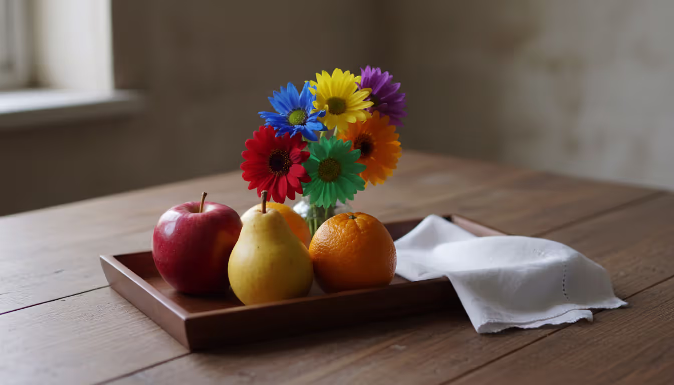 Fresh flowers, three pieces of fruit, and a folded white handkerchief arranged neatly on a wooden surface as ceremonial items for a Transcendental Meditation initiation