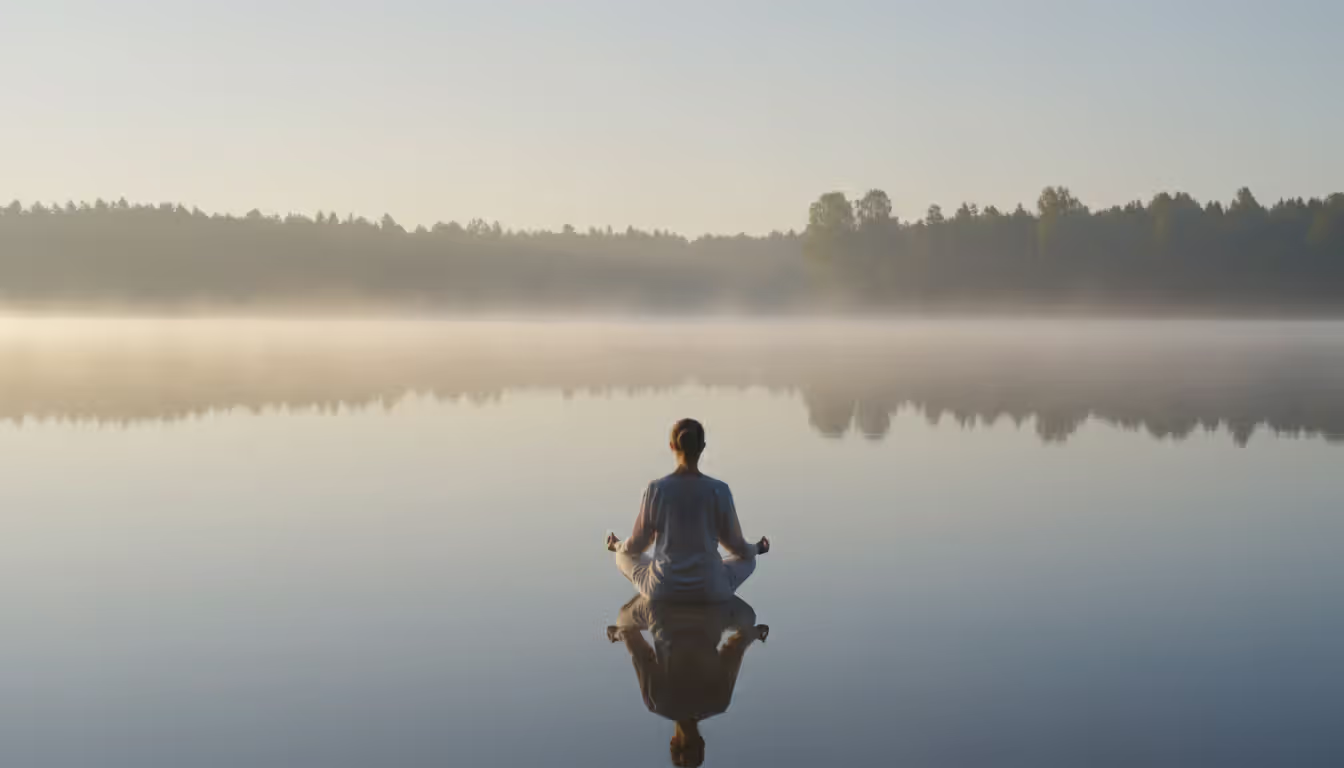 A person meditating alone on a calm lake shore at sunrise with morning mist and golden light reflecting on the water