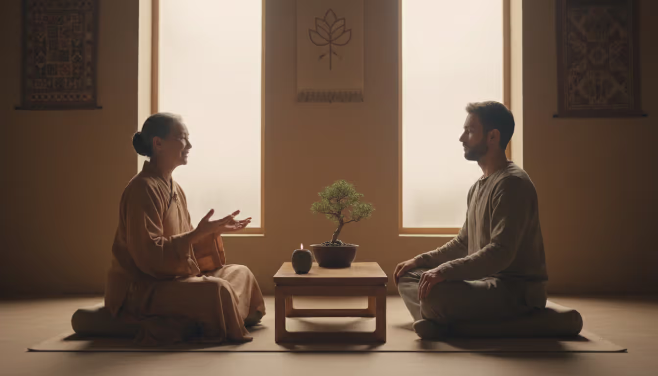 A meditation teacher and a student sitting face to face in a calm softly lit room during a private instruction session