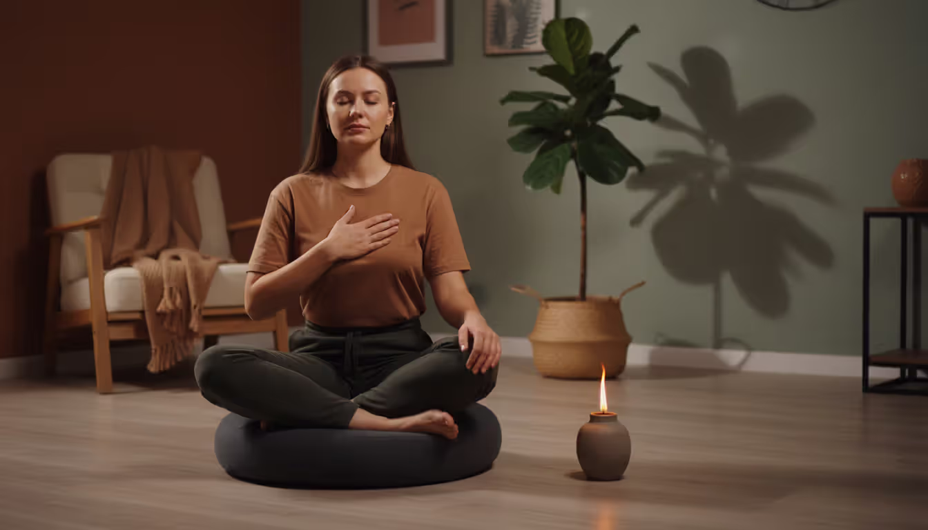 Person sitting on meditation cushion with hand on heart in a calm cozy room with soft warm lighting and a green plant in the background