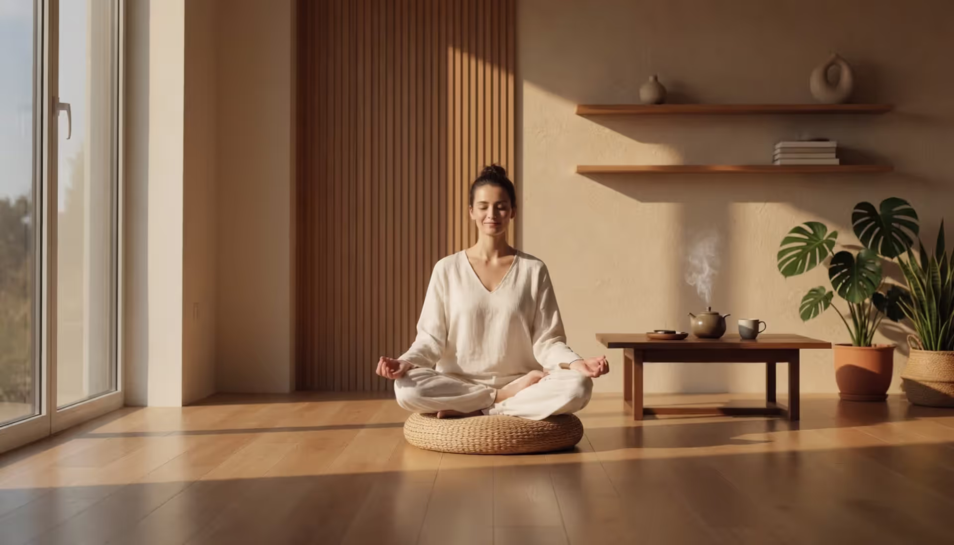 Person sitting cross-legged on a meditation cushion in a minimalist bright room with soft morning sunlight coming through a large window